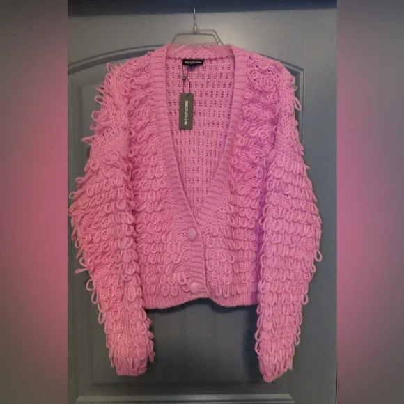 Pink Loop Knit V Neck Button Up Cardigan - Picture 4 of 4